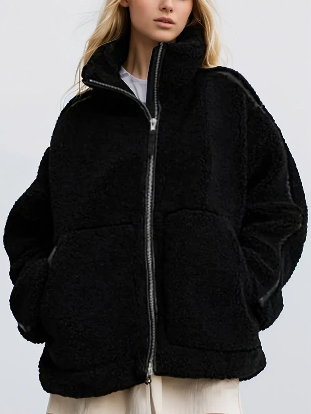 Zip Up Turtleneck Long Sleeve Plush Jacket in Black