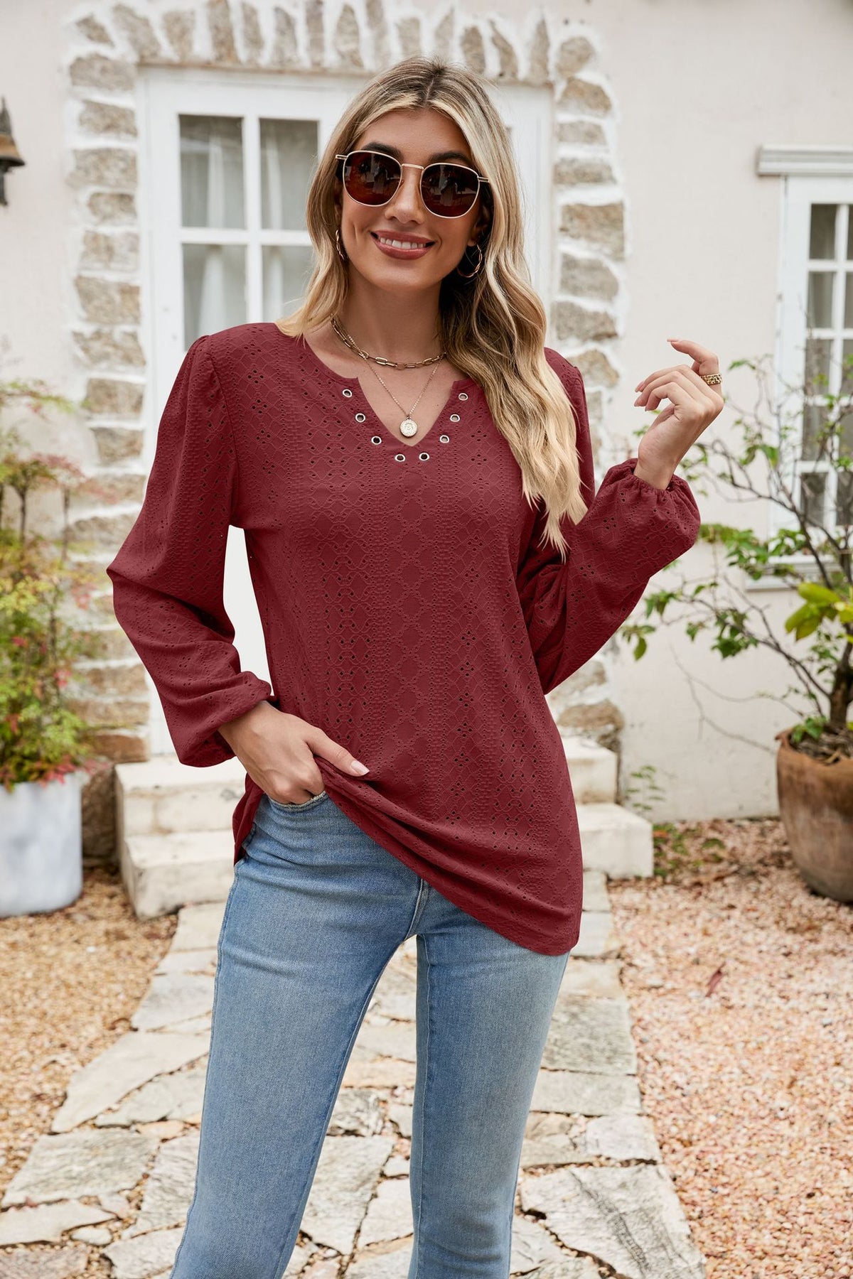 Eyelet Notched Neck Balloon Sleeve Blouse in Burgundy