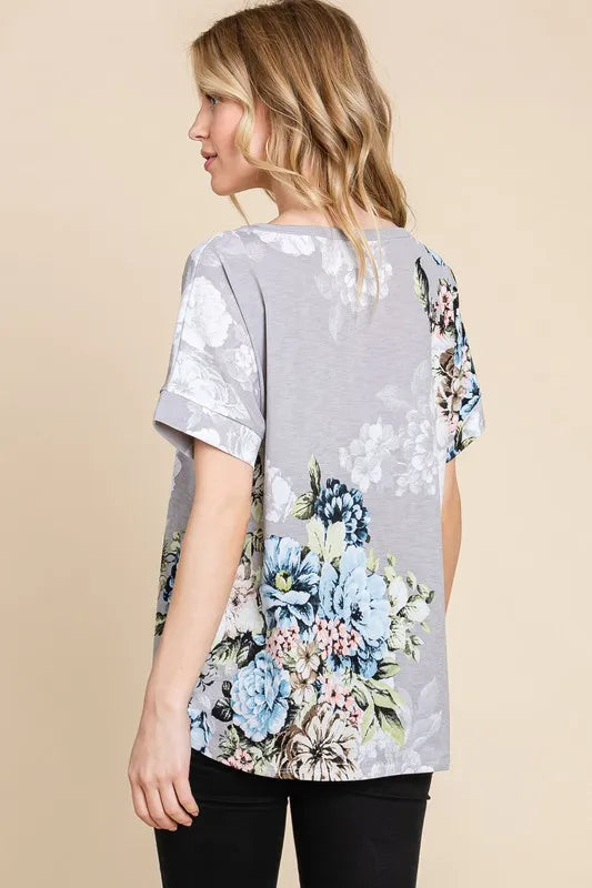 BOMBOM Floral Round Neck Short Sleeve T-Shirt - Lilixa.store