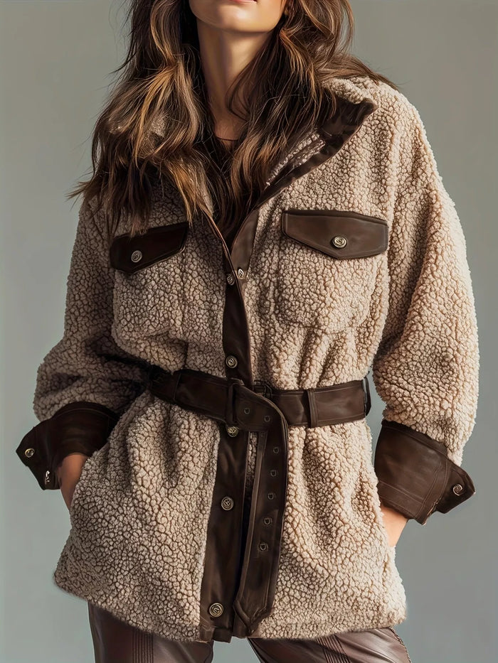 Leather Trim Sherpa Outerwear with Pockets in Khaki