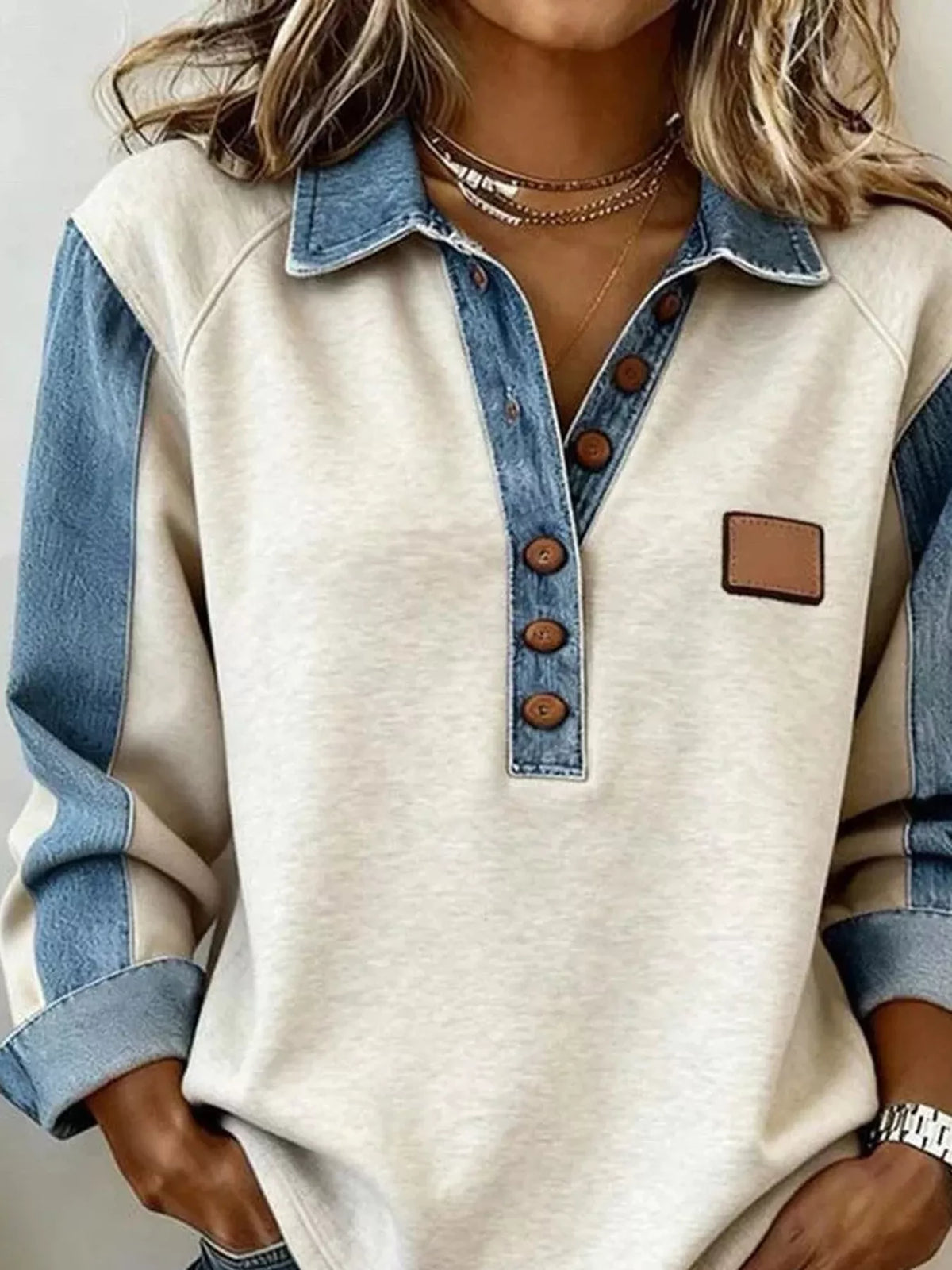 Denim Trim Button Detail Sweatshirt - Lilixa.store