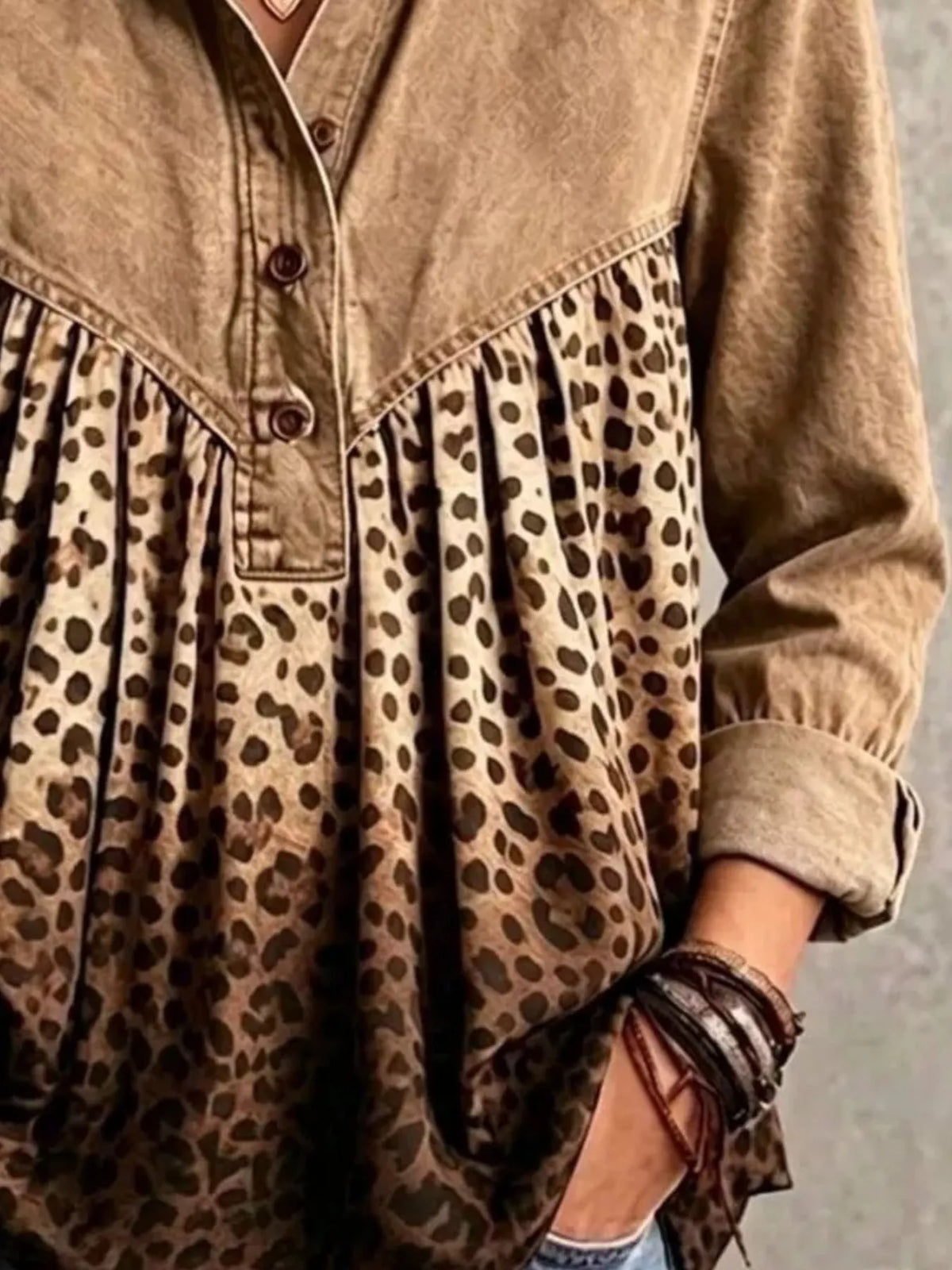 Full Size Leopard Button Detail Blouse Plus Size - Lilixa.store