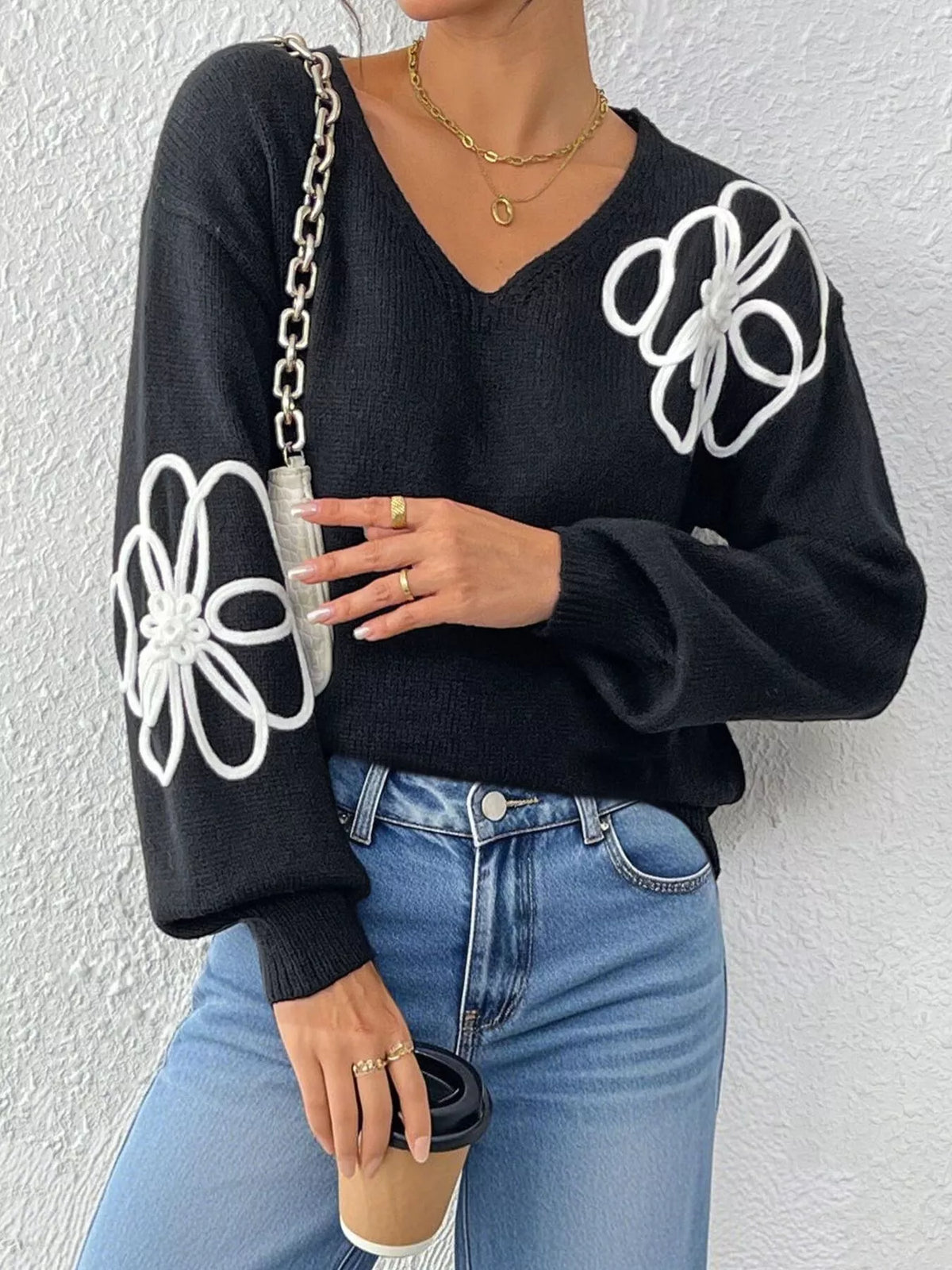 Flower V-Neck Dropped Shoulder Sweater