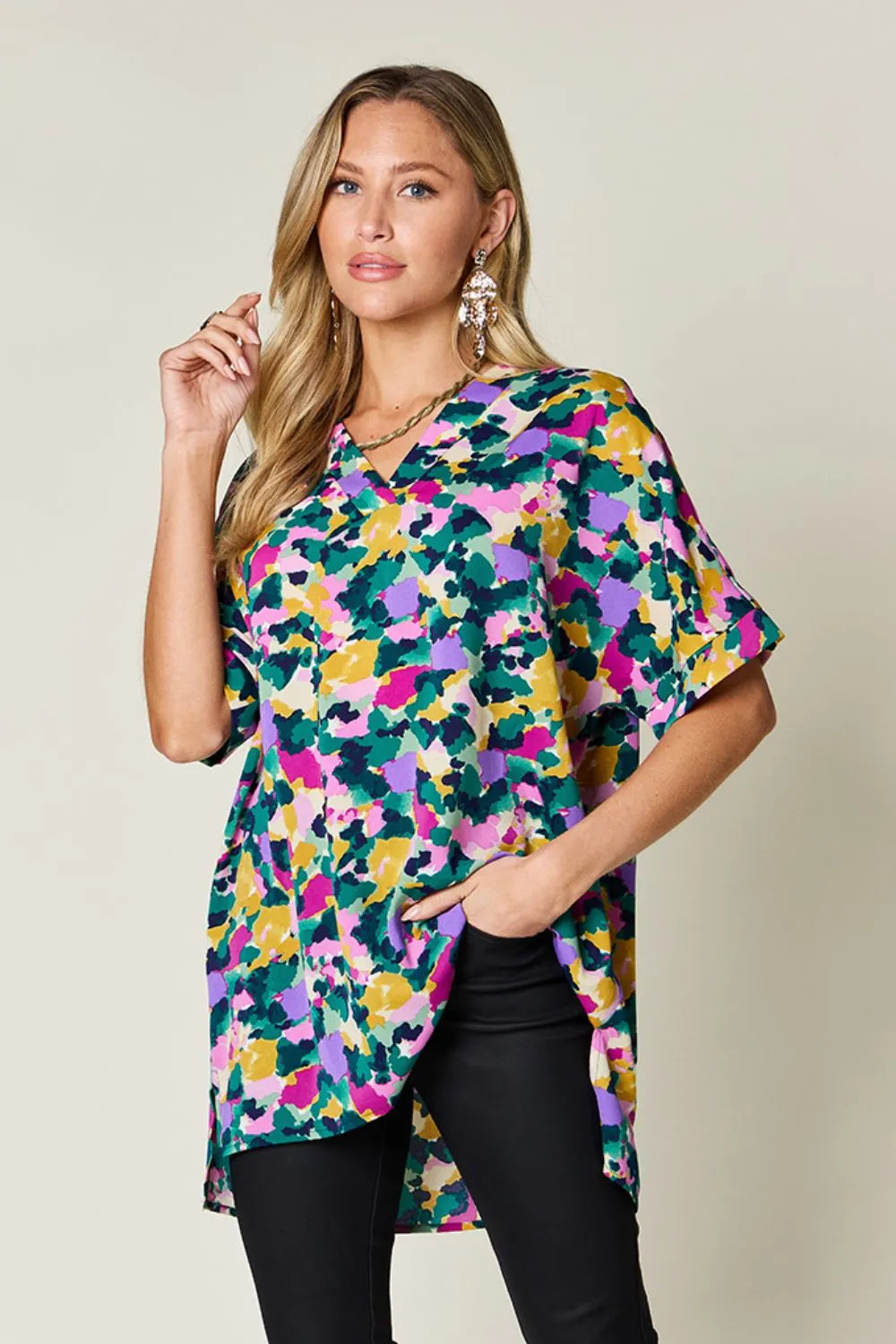 Double Take Full Size Printed V-Neck Short Sleeve Side Slit Top - Lilixa.store