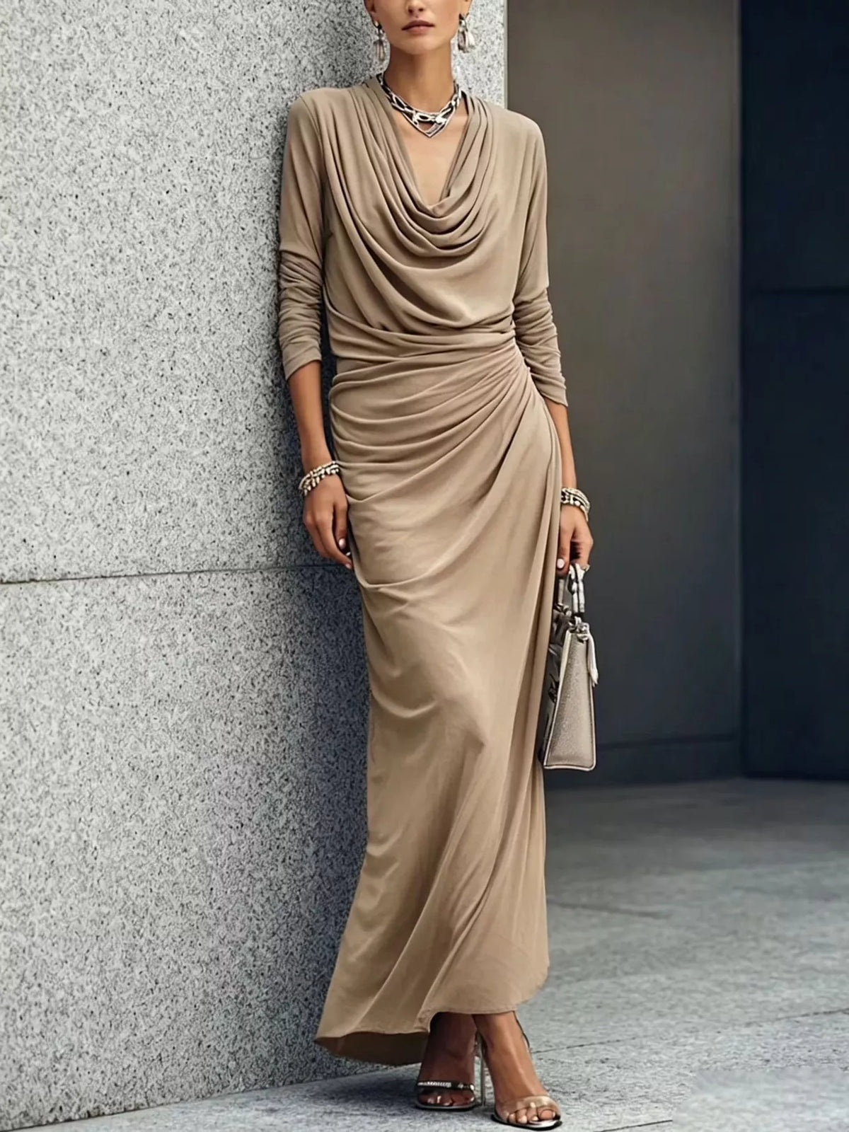 Cowl Neck Long Sleeve Maxi Dress - Lilixa.store