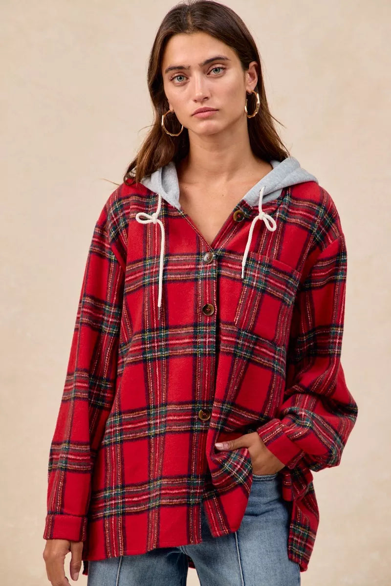 BiBi Brushed Plaid Hooded Jacket in Red Plaid, view 4