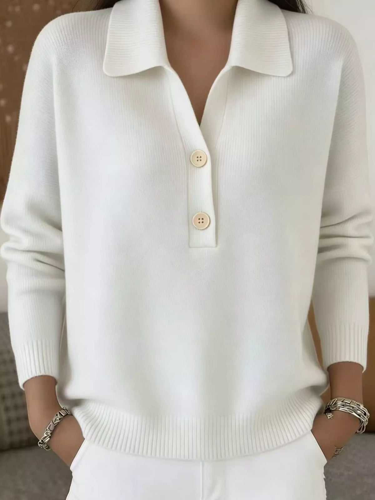 Ribbed Knit Button Detail Sweater in White