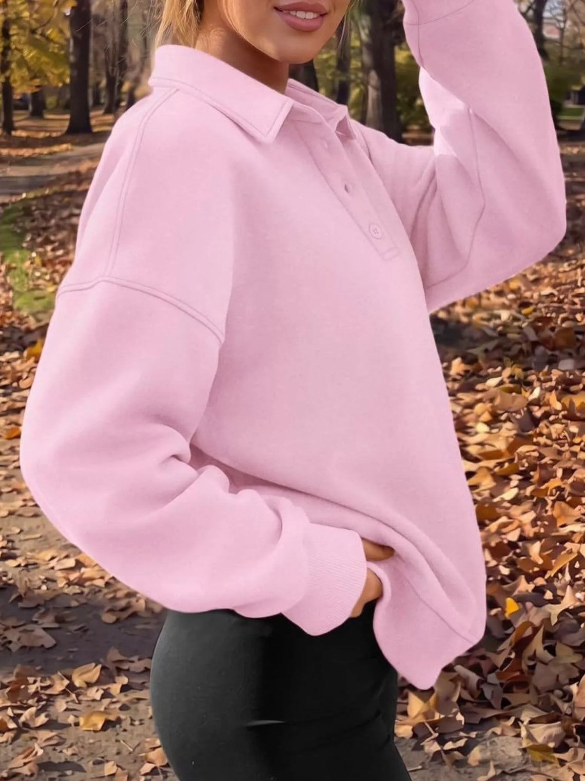 Button Detail Dropped Shoulder Sweatshirt - Lilixa.store