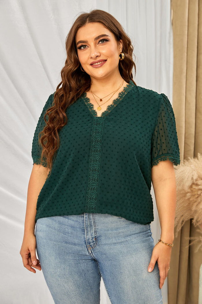 Plus Size Swiss Dot Spliced Lace V-Neck Blouse in Dark Green