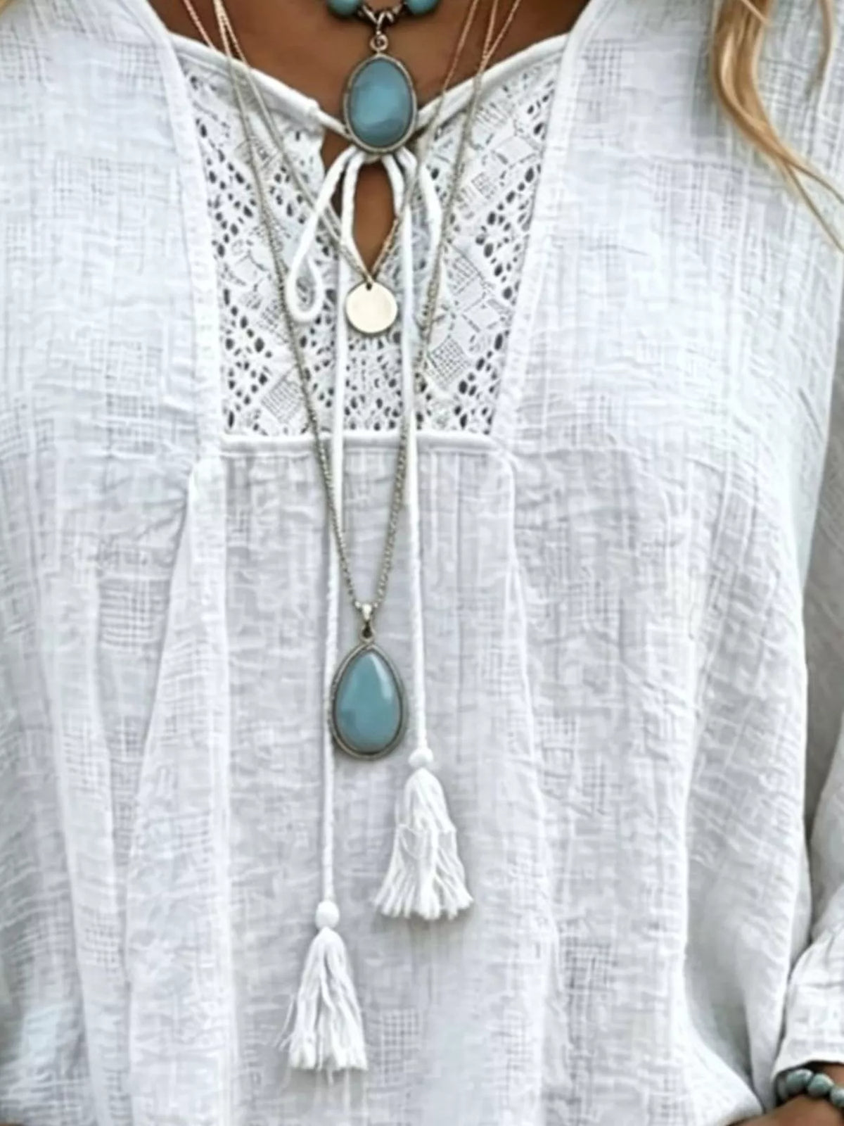 Full Size Tassel Tie Neck Ruffled Hem Blouse Plus Size - Lilixa.store