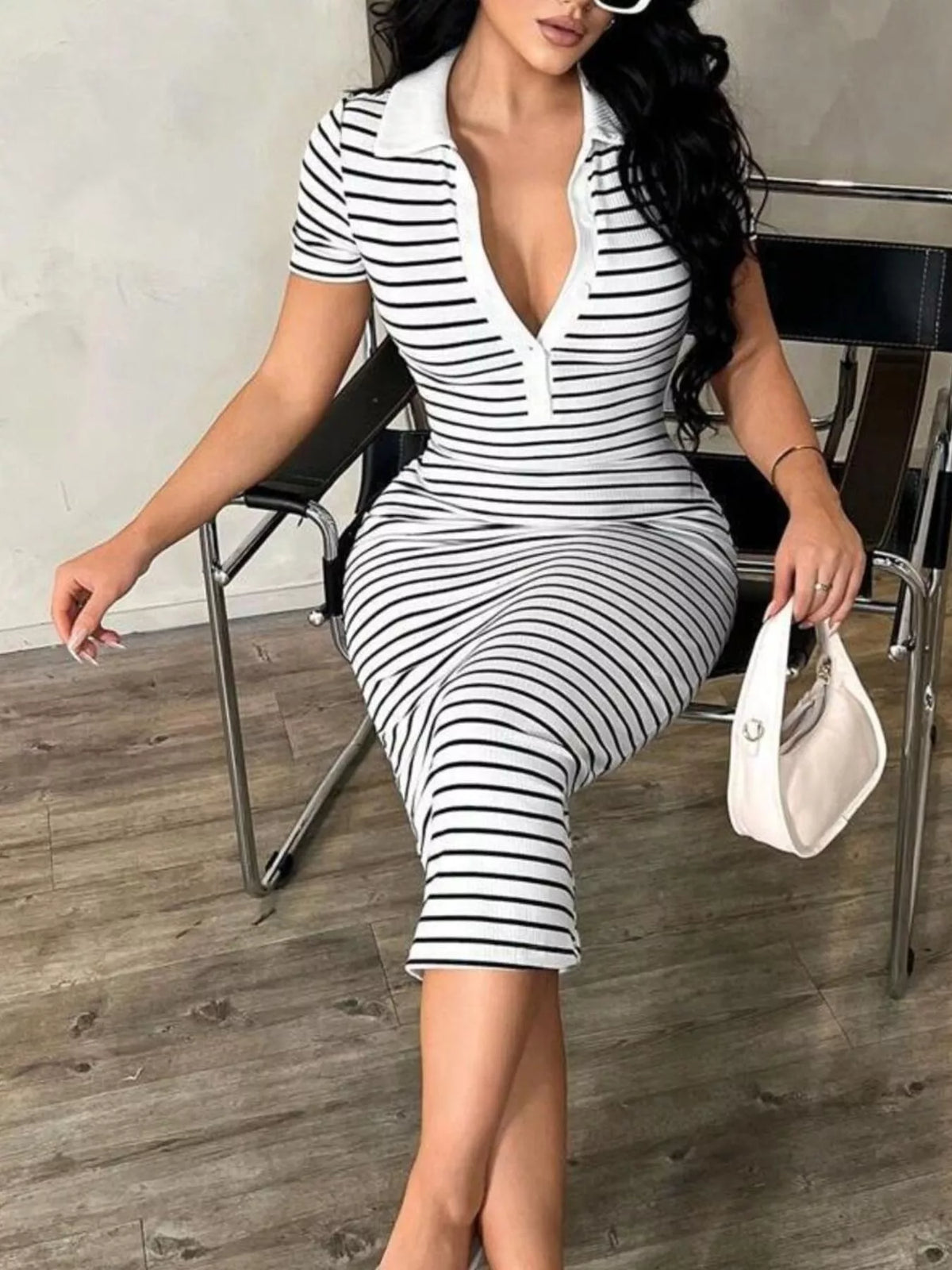 Striped Short Sleeve Bodycon Midi Dress