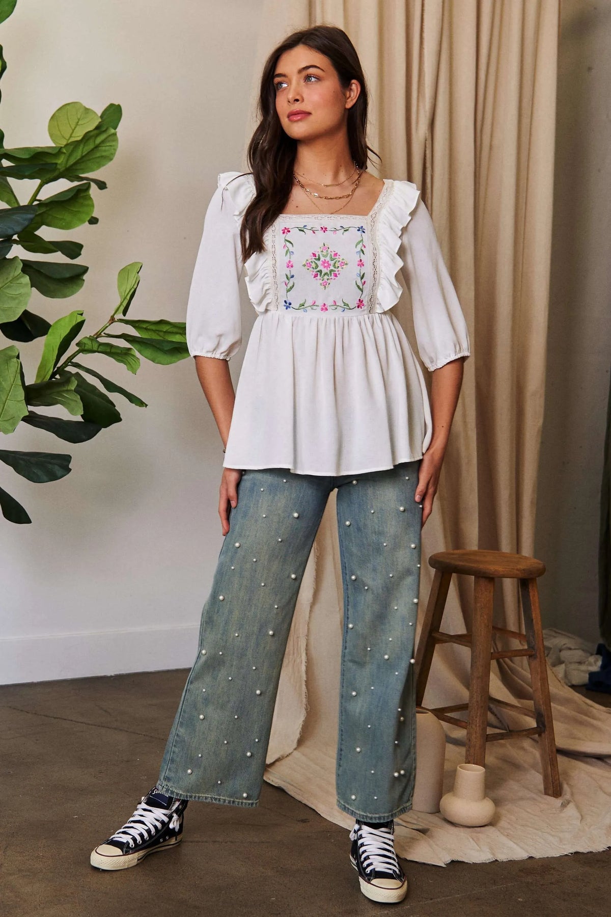 Davi & Dani Texture Tie Back Floral Embroidery Frill Blouse - Lilixa.store