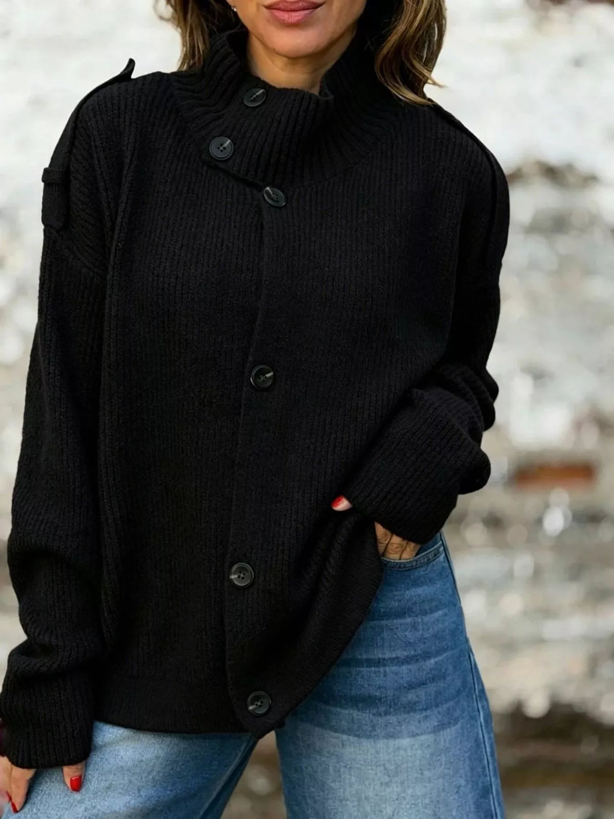 Full Size Button-Up Mock Neck Cardigan Plus Size - Lilixa.store