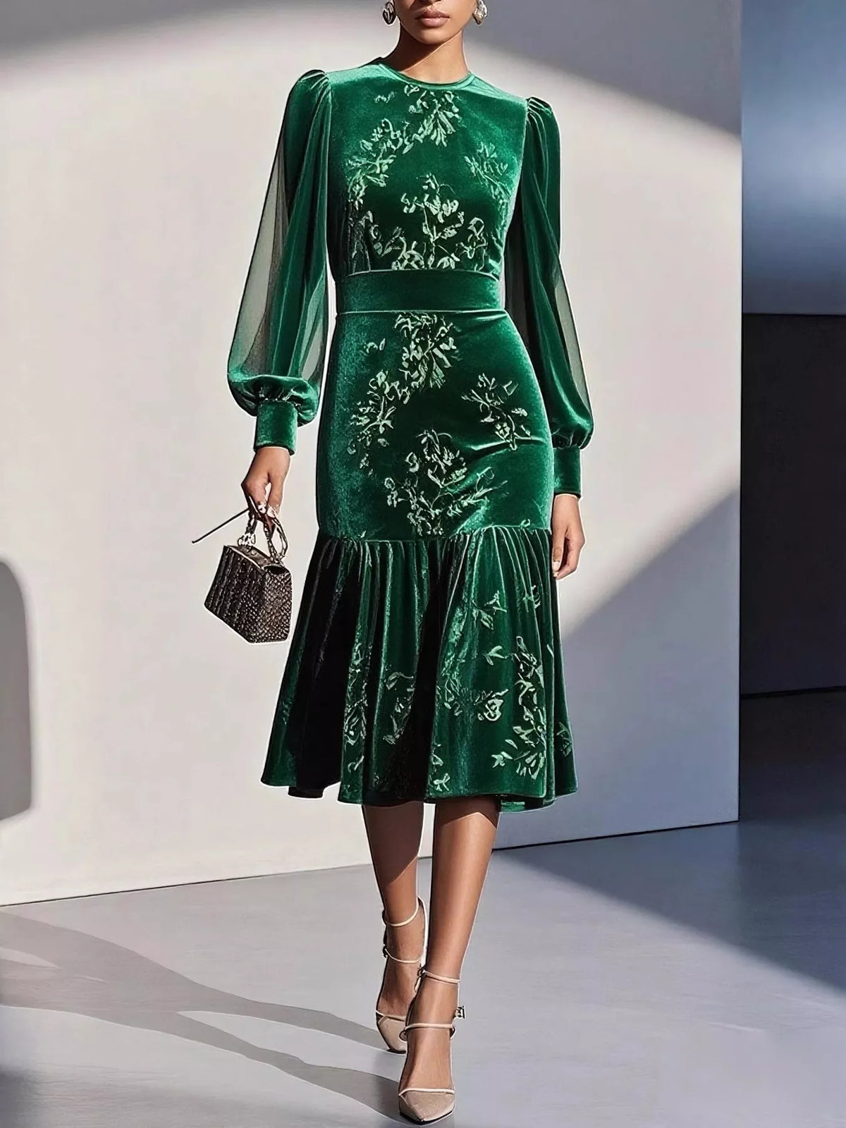 Velvet Floral Lantern Sleeve Midi Dress in Wine Red