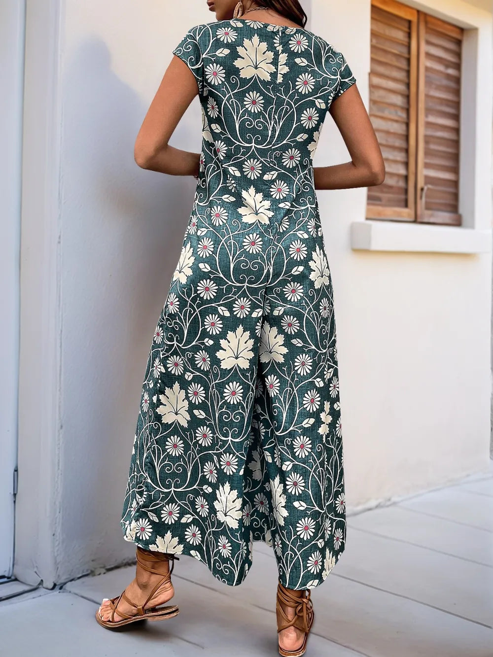 Perfee Printed Round Neck Cap Sleeve Wide Leg Jumpsuit - Lilixa.store