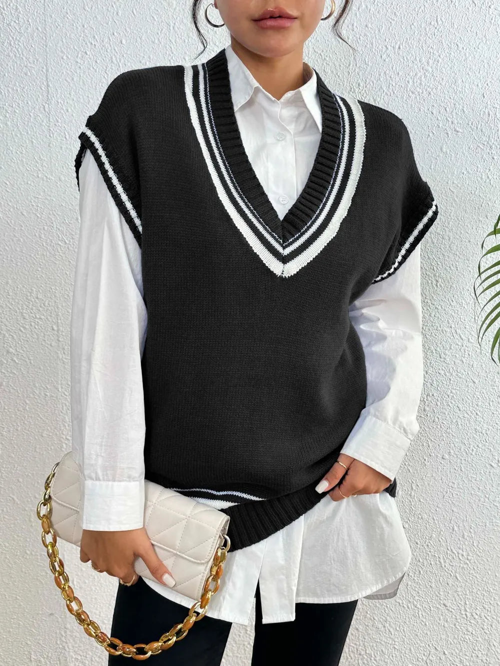 Contrast Trim V-Neck Sweater Vest, view 6