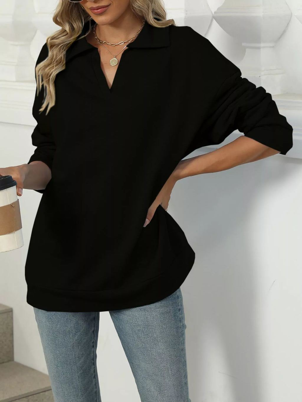 Johnny Collar Drop Shoulder Long Sleeve Sweatshirt - Lilixa.store