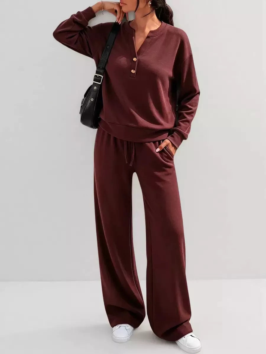 Button Detail Dropped Shoulder Top and Pants Set - Lilixa.store
