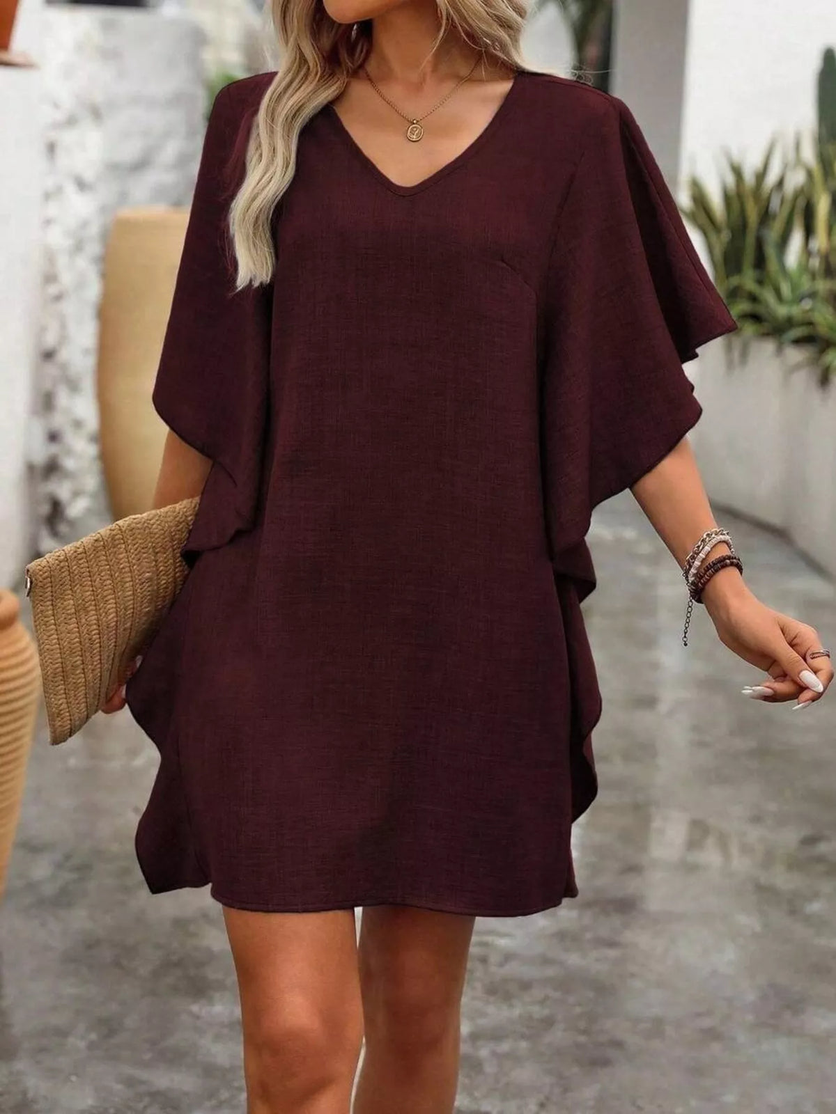Ruffled Flutter Sleeve V-Neck Mini Dress - Lilixa.store