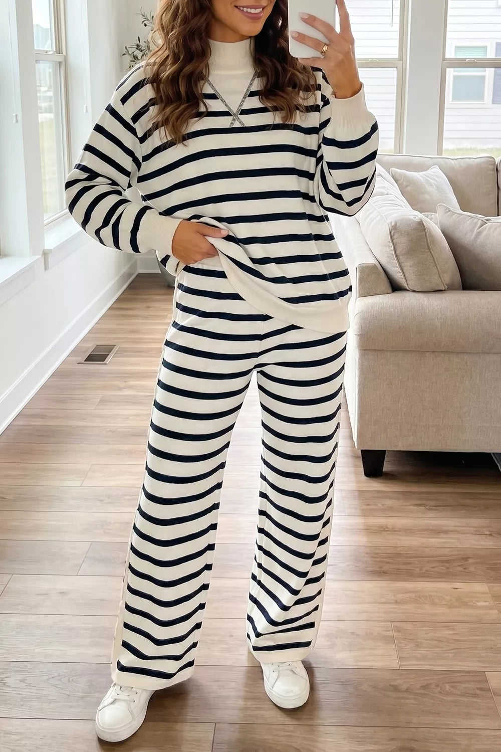 Striped Long Sleeve Top and Wide-Leg Pants Set