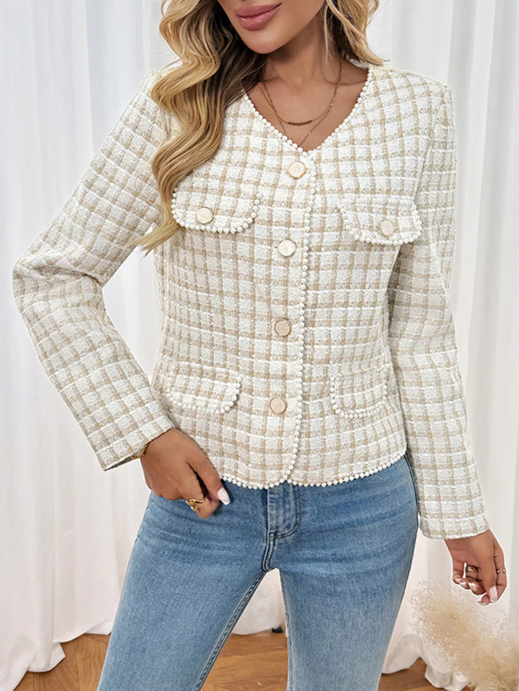 Pearl Trim Button Up Tweed Outerwear - Lilixa.store