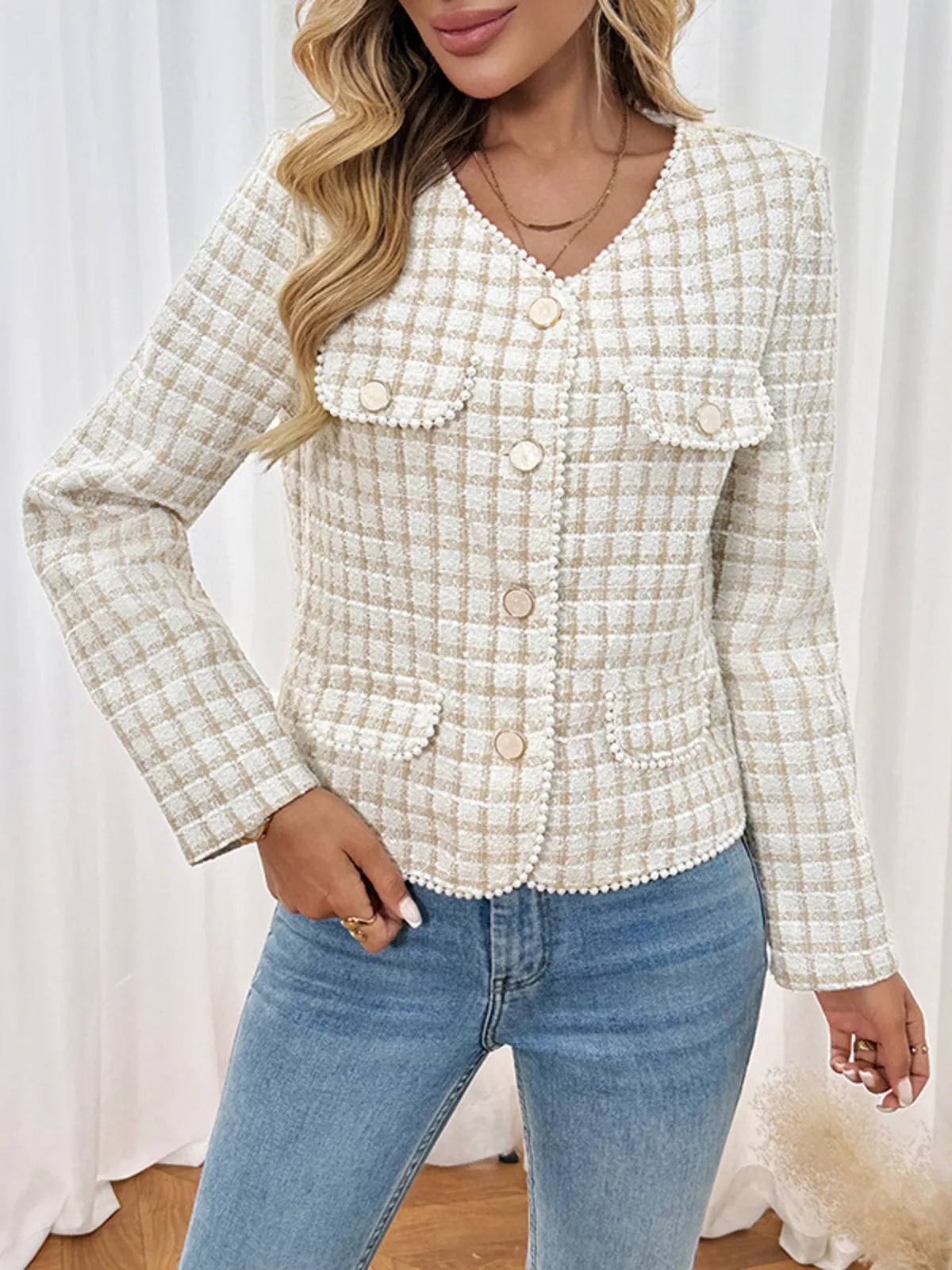 Pearl Trim Button Up Tweed Outerwear - Lilixa.store