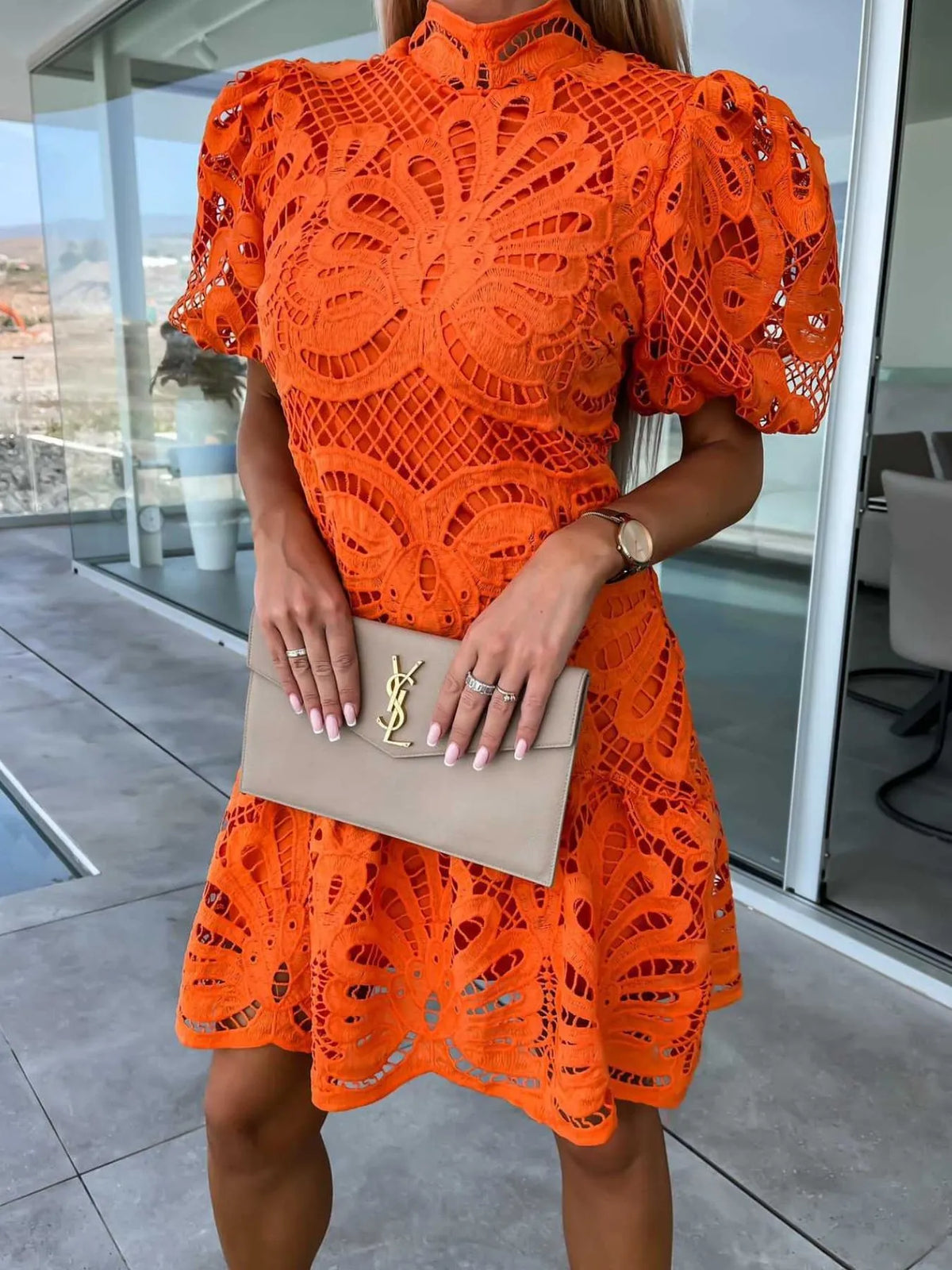 Lace Mock Neck Puff Sleeve Dress - Lilixa.store