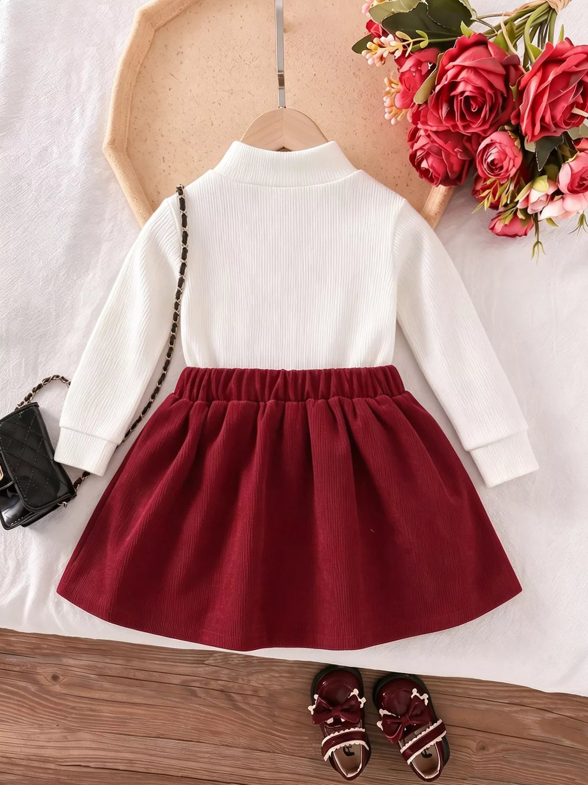 Children's Floral Applique Mock Neck Top and Pleated Skirt Set - Lilixa.store