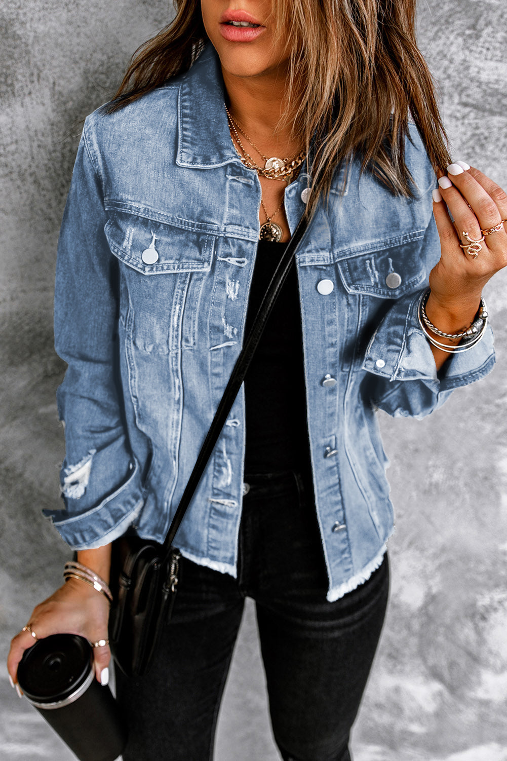 Distressed Raw Hem Buttons Denim Jacket in Black, view 5