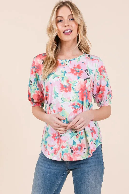 BOMBOM Floral Round Neck Puff Sleeve Top - Lilixa.store