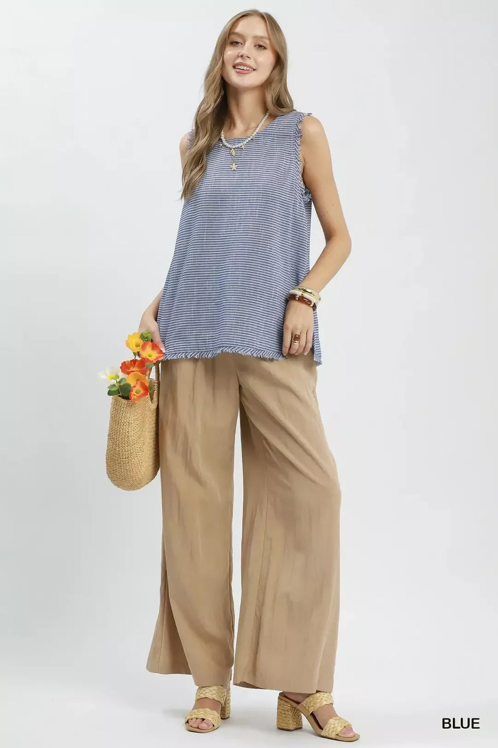 Umgee Stripe Fringe Trim Sleeveless Top - Lilixa.store