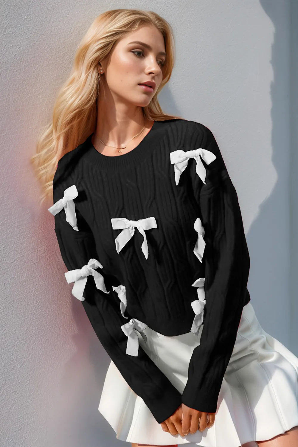 Double Take Full Size Bow Cable-Knit Round Neck Sweater - Lilixa.store