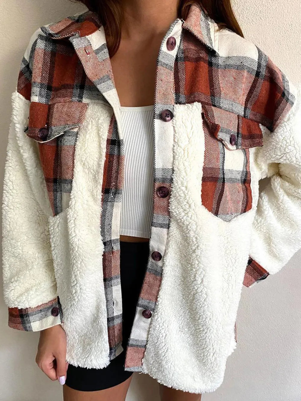 Fuzzy Button Up Long Sleeve Jacket in Brown