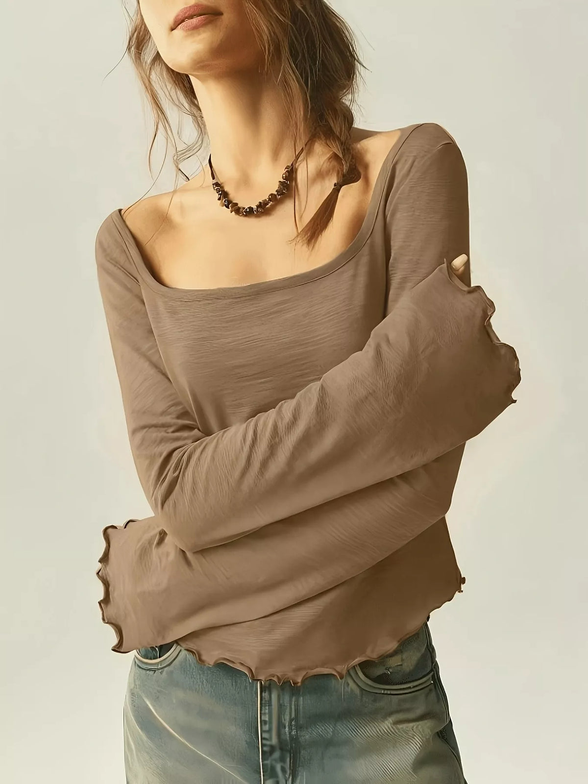 Long Sleeve Square Neck Slim-Fit T-Shirt, view 10