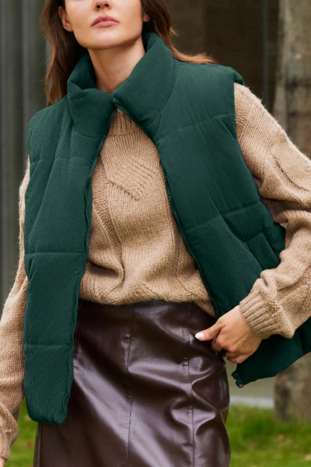 Zip Up Turtleneck Vest Coat in Dark Green