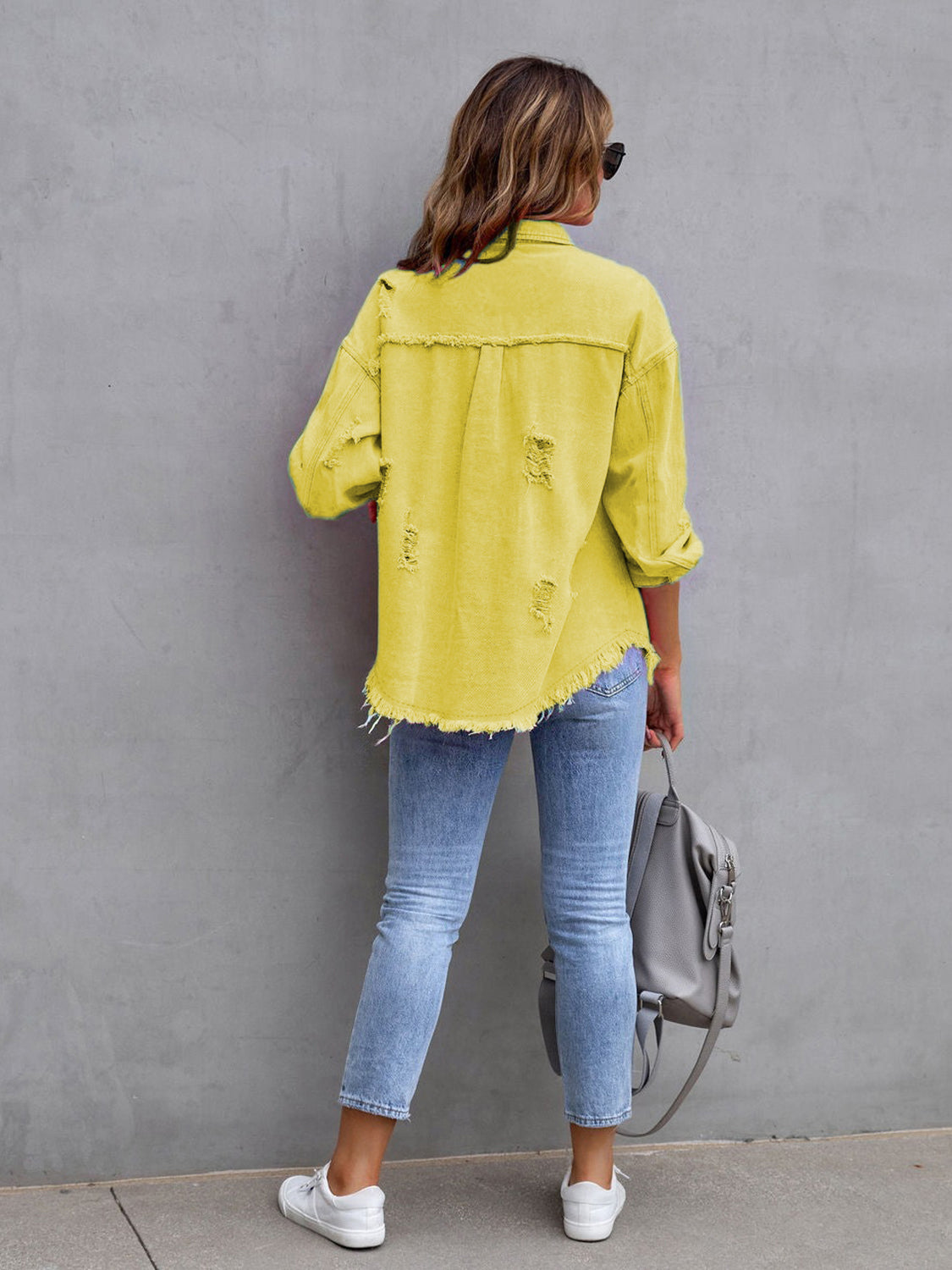 Distressed Drop Shoulder Denim Jacket - Lilixa.store