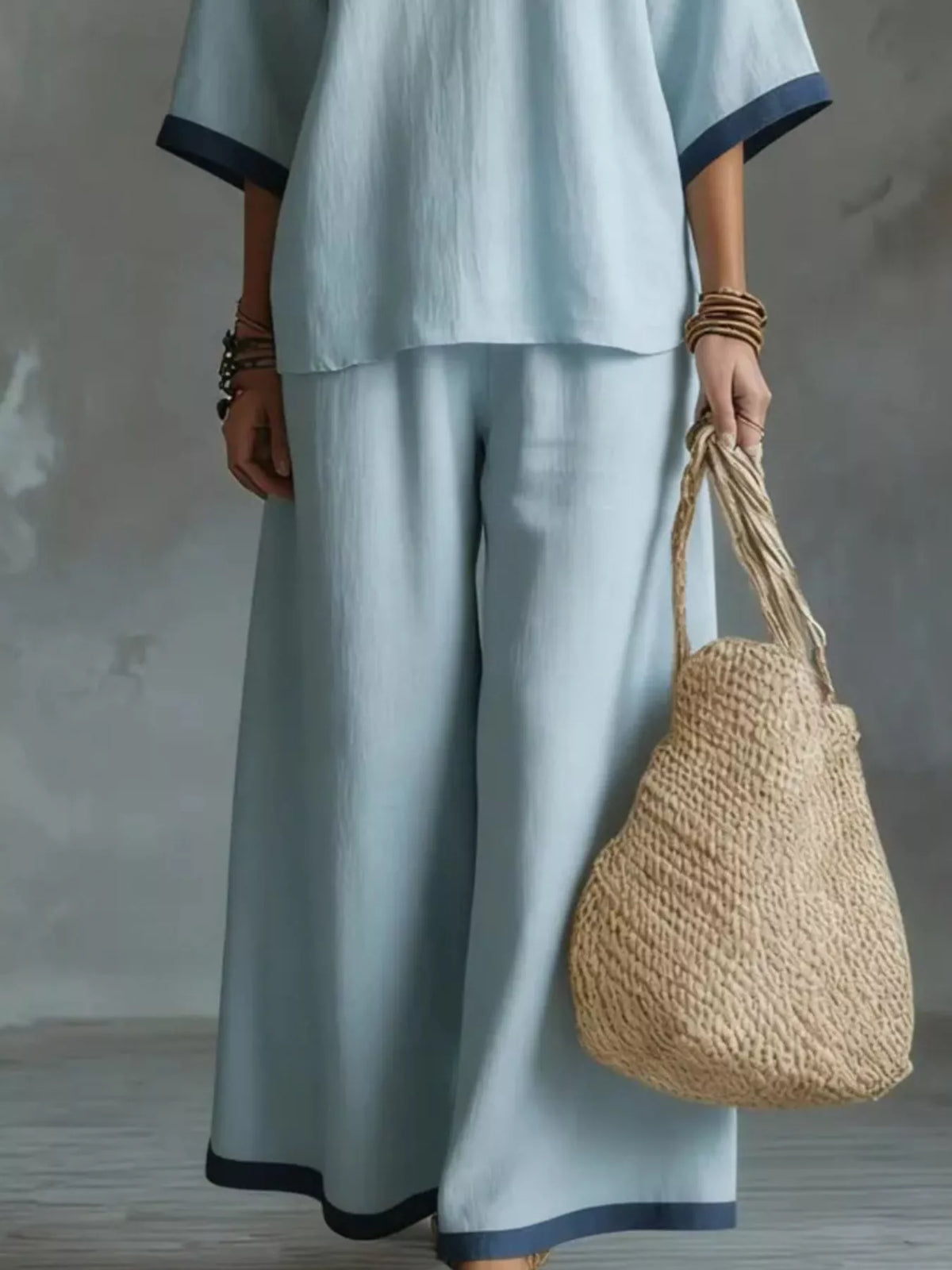 Full Size Contrast Trim V-Neck Top and Pants Set Plus Size - Lilixa.store