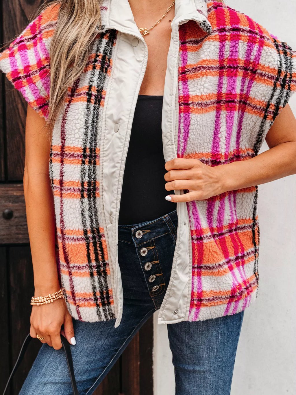 Sherpa Plaid Snap Down Vest Coat - Lilixa.store