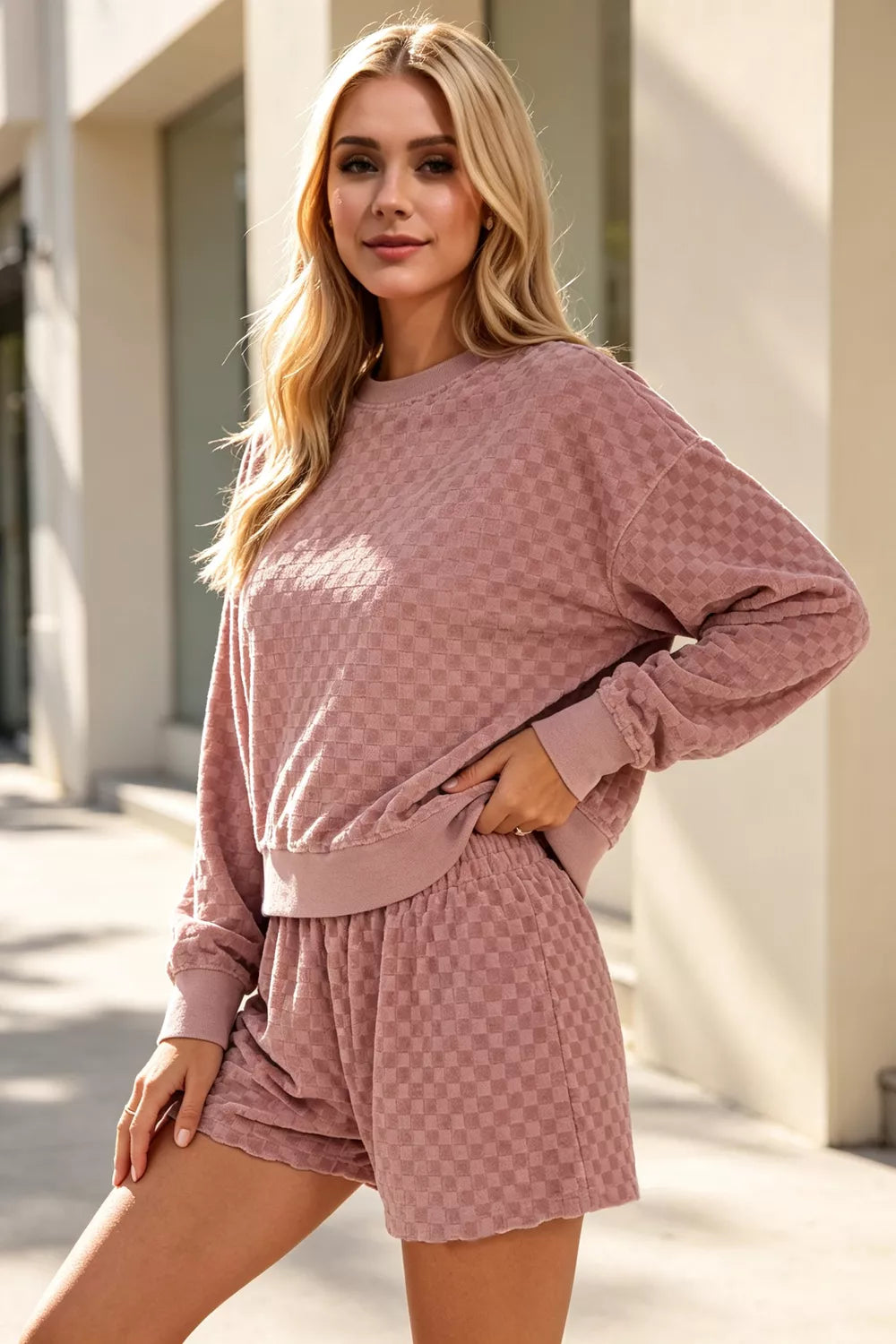 Oh Full Size Checkered Crewneck Cropped Sweatshirt and Elastic Waist Shorts Set Plus Size - Lilixa.store