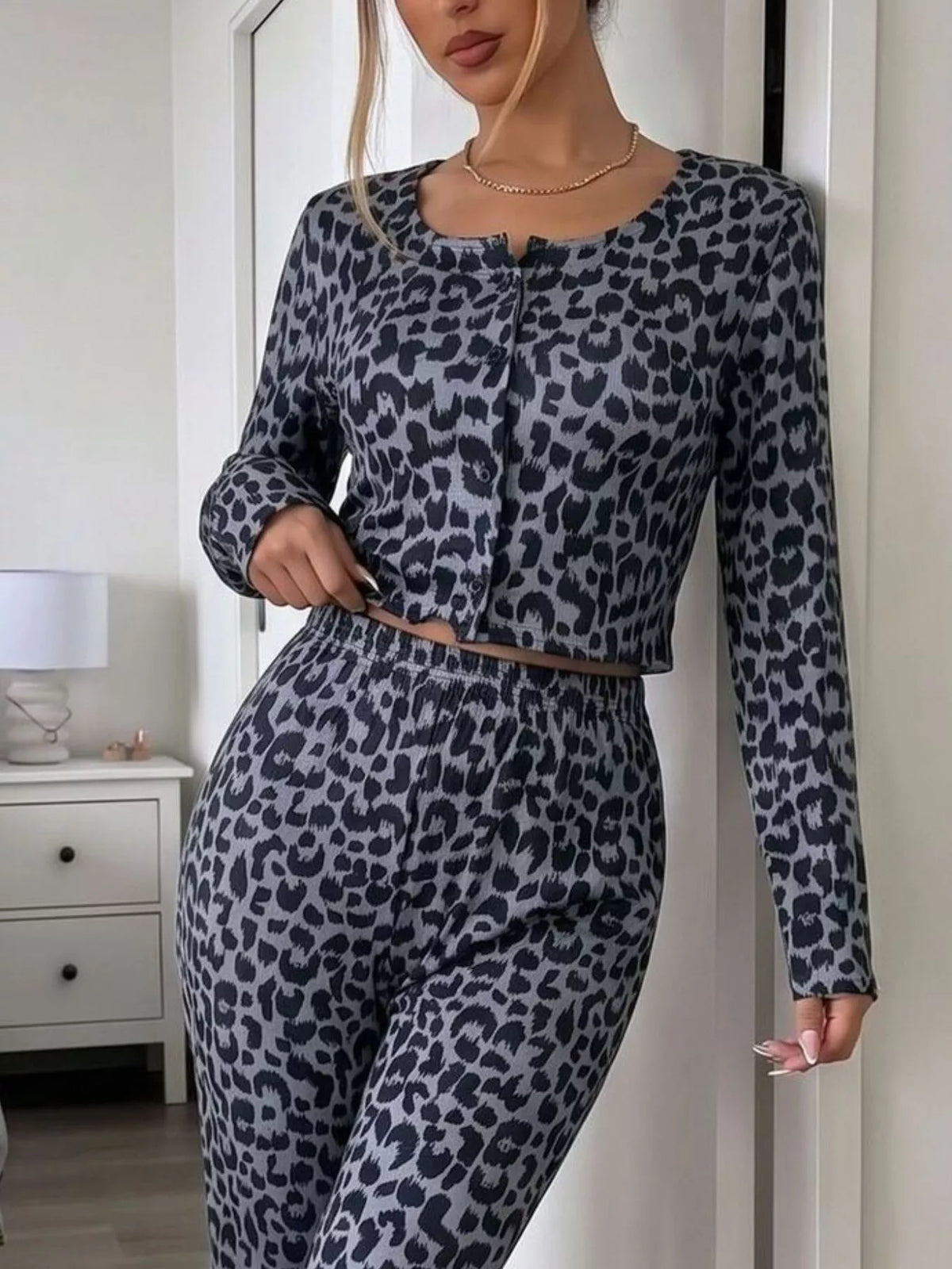 Leopard Print Long Sleeve Top and Pants Lounge Set