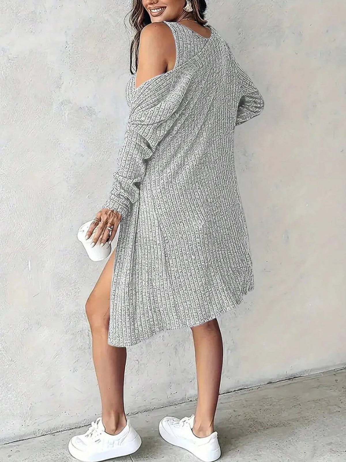 Ribbed Button Front Dress and Cardigan Sweater Set, view 5
