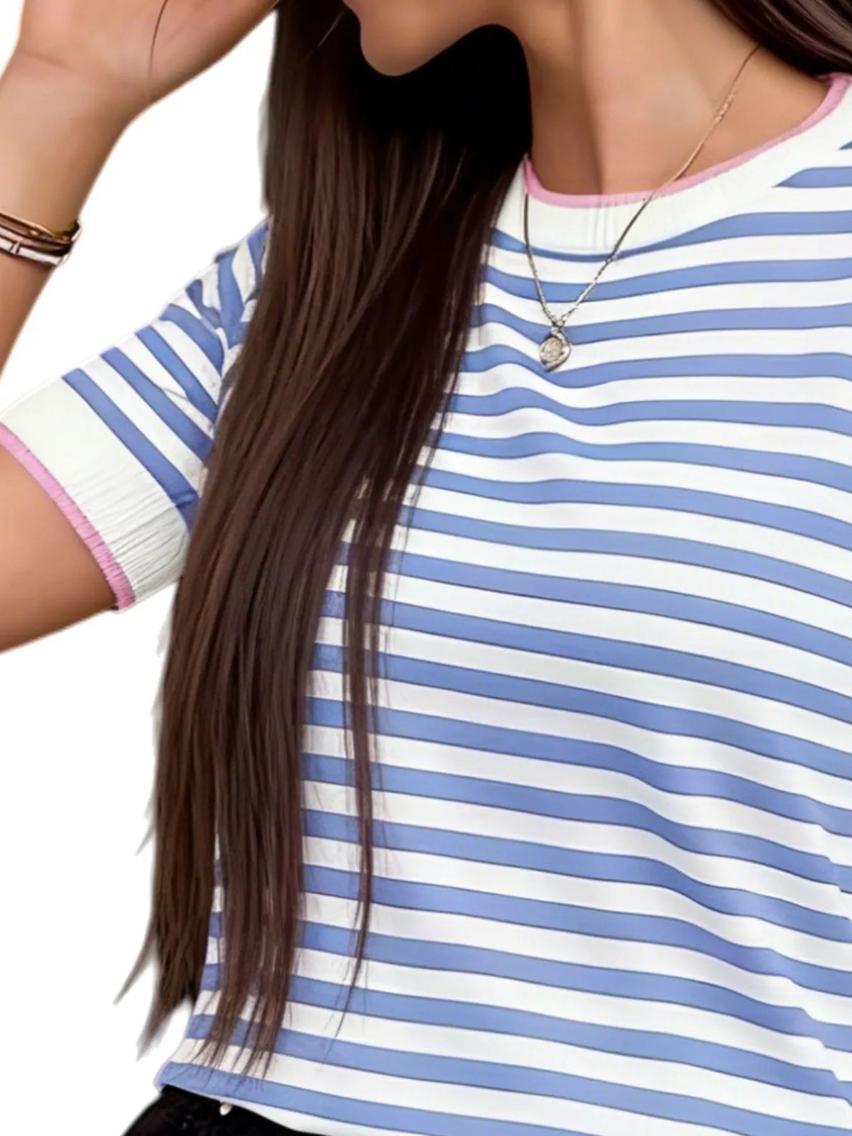 Contrast Trim Striped Short Sleeve Knit Top - Lilixa.store