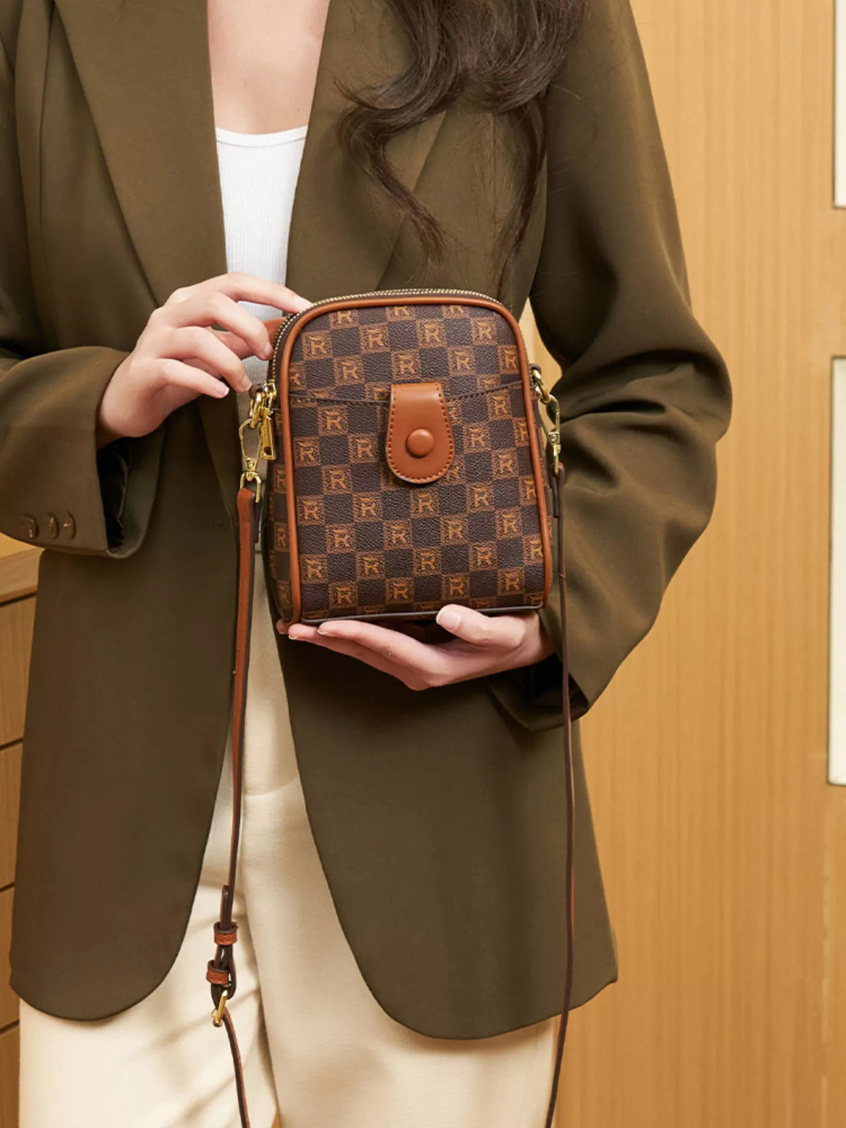 Printed PU Leather Crossbody Bag in Brown, view 2