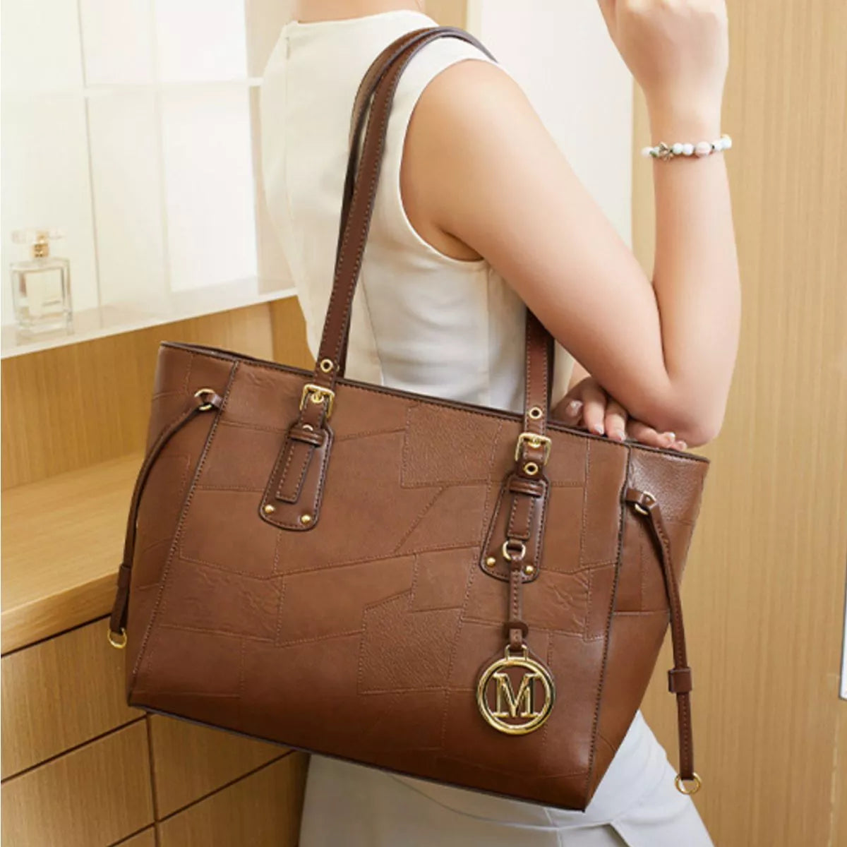 Patchwork Leather Tote Bag with Gold Logo Charm in Brown, view 8
