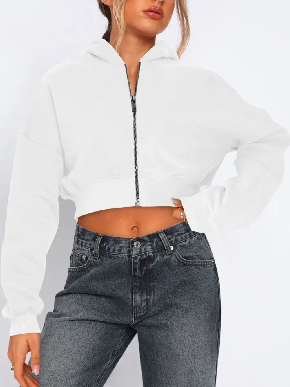Zip Up Long Sleeve Hooded Cropped Jacket in White