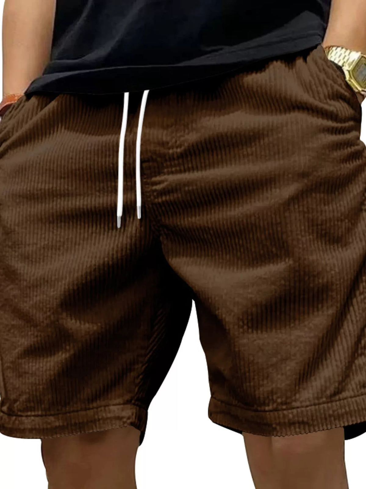 Men's Full Size Casual Corduroy Drawstring Shorts Plus Size in Brown