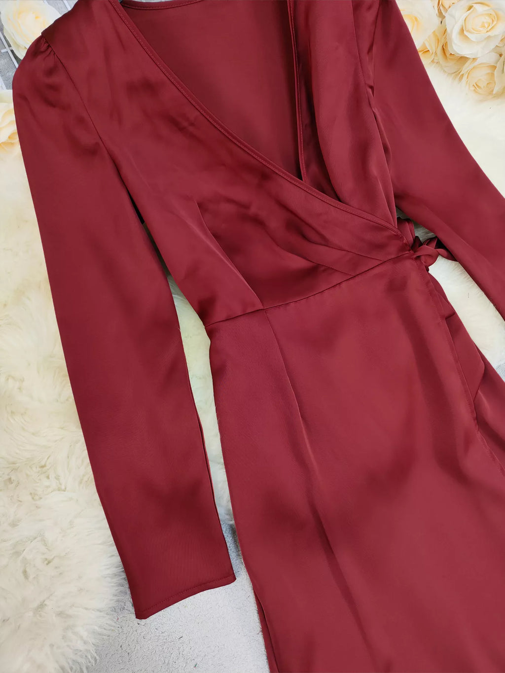 Surplice Satin Long Sleeve Dress - Lilixa.store