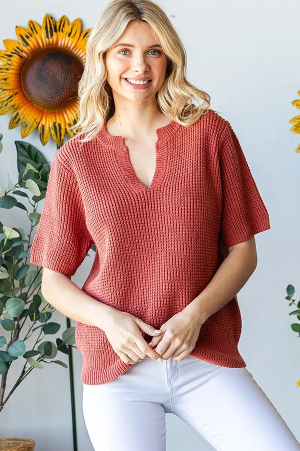 First Love Notched Short Sleeve Knit Top - Lilixa.store