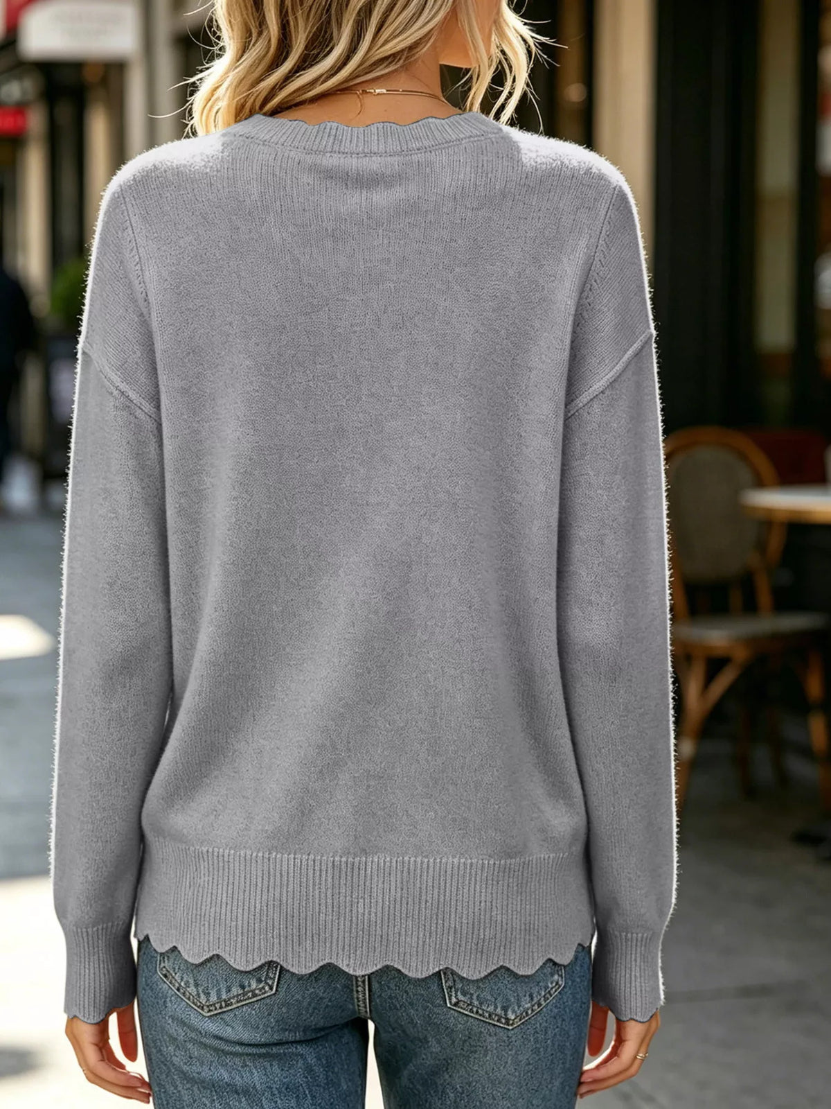 Full Size Scalloped Trim Crew Neck Sweater Plus Size