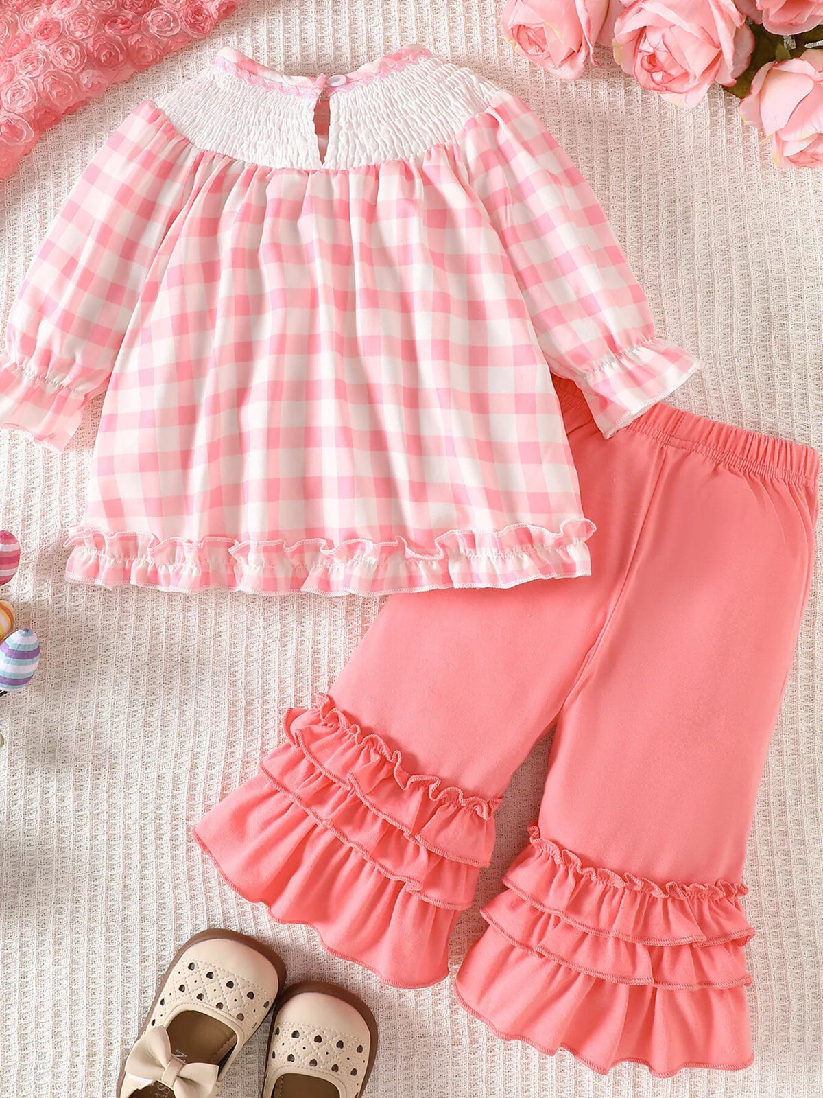 Children's Plaid Smocked Long Sleeve Top and Pants Set - Lilixa.store